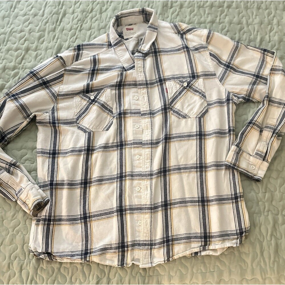 Levi’s Mens XXL Flannel Shirt White Blue Yellow Plaid Button Up Long Sleeve - Picture 2 of 16